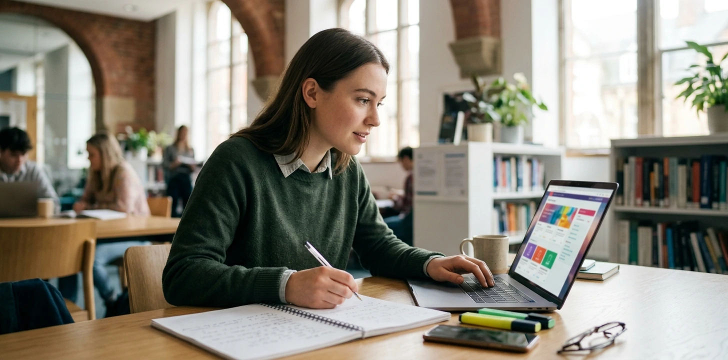 Student researching an Italian university course page on a laptop while taking notes in a library