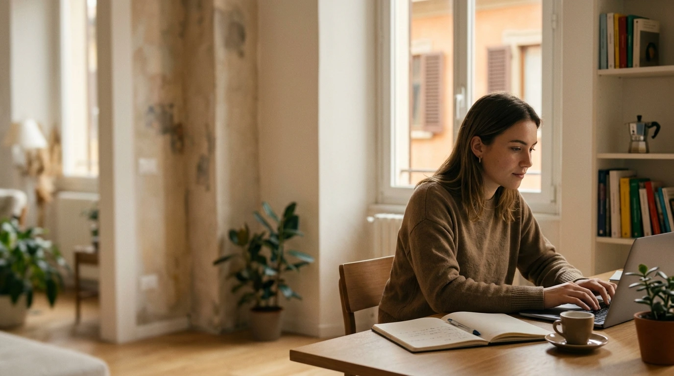 Student typing a motivation letter for university in Italy on a laptop at a wooden desk