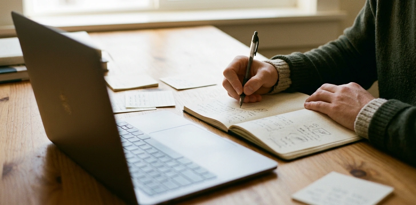 Close-up of a student writing and drafting a structured outline for a university application
