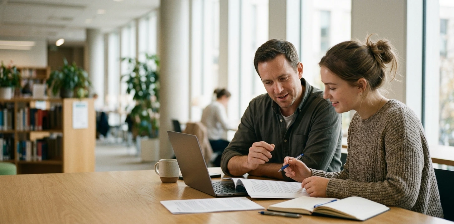 A student and mentor sitting together in a library reviewing a printed motivation letter